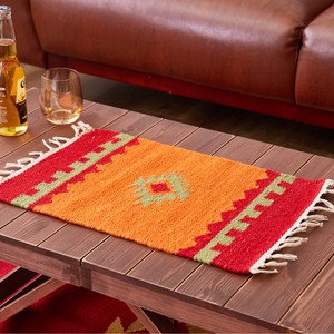 【キャンプで映える】手織りウールのキリム テーブルマット 約32×45cm 「アンシュ」オレンジ