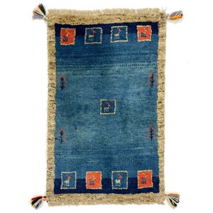 ギャッベ　ペルシャ　手織り絨毯　約50x80cm　ウール100％　ナチュラル×ブルー　マット　ギャベ【1000】