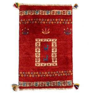 ギャッベ　ペルシャ　手織り絨毯　約50x80cm　ウール100％　レッド　マット　ギャベ【1058】