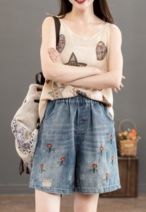 Knee-Length Pant Casual Embroidered Wide Pants