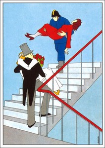 ポストカード イラスト バルタック「階段ですれ違う2組」 コミカル