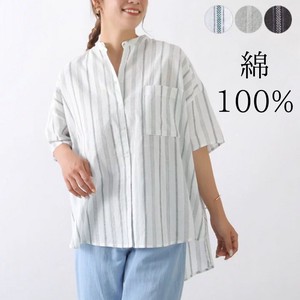 Button Shirt/Blouse Band-Collar Shirt Stripe Tops Front Opening