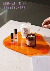 アロマトレー　卓上トレー　家庭用香水置物棚　アクリル製　小物収納ボックス　オレンジ 楕円形 BQ446