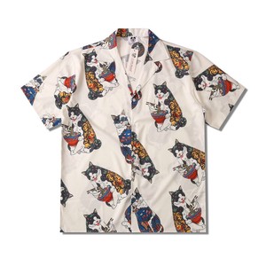 メンズ ハワイアン アロハシャツ 半袖シャツ ビーチシャツ 和 猫柄 江戸風