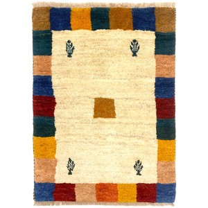 ギャッベ　ペルシャ　手織　約60x90cm　ウール100％　ナチュラル　マット　絨毯　ギャベ