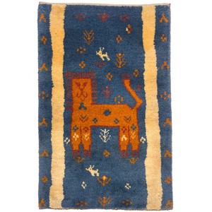 ギャッベ　ペルシャ　シラーズ　手織　約60x90cm　ウール100％　ブルー　マット　絨毯