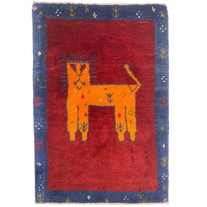 ギャッベ　ペルシャ　シラーズ　手織　約60x90cm　ウール100％　レッド　マット　絨毯