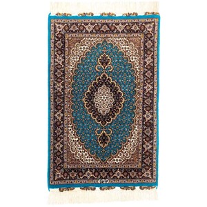 手織り絨毯　ペルシャ　タブリーズ　マット　約60x90cm　ウール　ターコイズ　玄関　ラグ