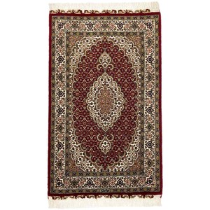 手織り絨毯　ペルシャ　タブリーズ　マット　約60x90cm　ウール　レッド　玄関　ラグ