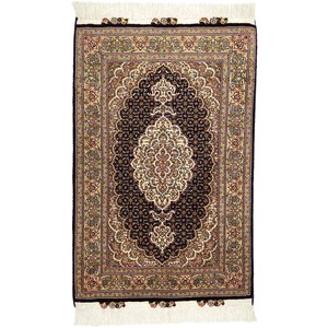 手織り絨毯　ペルシャ　タブリーズ　マット　約60x90cm　ウール　ネイビー　玄関　ラグ
