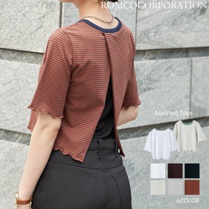 T-shirt Slit Plain Color Tops Border Short Length 5/10 length