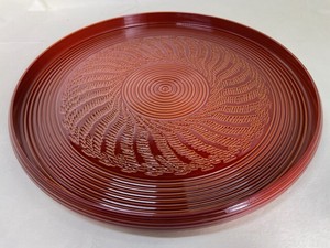 R48-49　丸盆　春慶　ノミ目彫　Round tray, Shunkei, chisel carving　【半額蔵ざらえ大処分】
