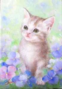 【日本人作家】　油絵　『仔猫3』　星野歩　額無し　キャンバスのみ（木枠付き）