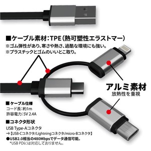 3in1 iPhone 充電 ケーブル 1m USB A to  USB Type C/iOS/Micro USB 充電ケーブル 2.4A急速充電
