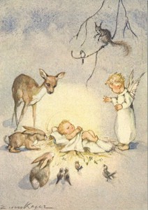 ポストカード クリスマス アート ケーガー「森の動物に囲まれた天使」郵便はがき