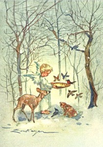 ポストカード クリスマス アート ケーガー「森の小鳥に餌をやる天使」郵便はがき