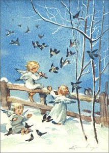 ポストカード クリスマス アート ケーガー「音楽を奏でる3人の天使と小鳥たち」郵便はがき