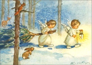 ポストカード クリスマス アート ケーガー「森の中を歩く2人の天使」郵便はがき