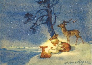 ポストカード クリスマス アート ケーガー「3匹の鹿と天使」郵便はがき