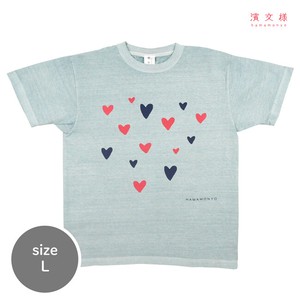 【濱文様】　ピグメント染めTシャツL　ハートいっぱい　ブルー