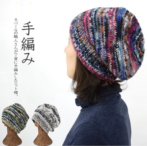 「2022秋冬新作」段染め風　ミックスカラー　手編み　裏地付き　ゆったり　ニット帽子