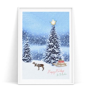 ミニポスター【 トナカイの休日 】 北欧　モミの木 星 クリスマスプレゼント 雪