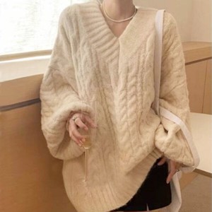 Ladies SALE【トップス】パターン　Vネック　ルーズフィット　長袖　ロング　ニット　Loose-fit knit