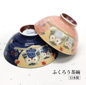 Mino ware Rice Bowl Pink Animals Blue Owl Lucky Charm Pottery Owls L size Made in Japan