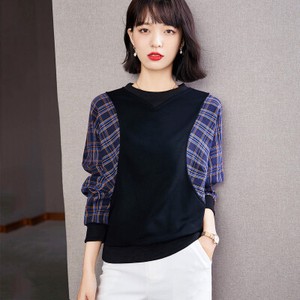 T-shirt Long Sleeves Plaid Tops Switching