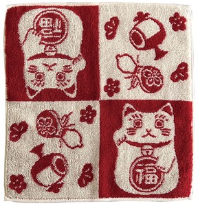 【ネコ/CAT(猫)】今治タオルハンカチ 招き猫 赤