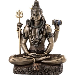 蓮華座を組んで瞑想ポーズの、シヴァ神 悪の破壊者 ヒンズー教 ブロンズ風仕上げ彫像(輸入品