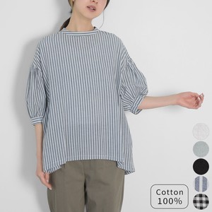 Button Shirt/Blouse Pullover High-Neck Tops Puff Sleeve