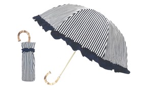 【晴雨兼用】【完全遮光】2段折りたたみ傘　フリルストライプ＆ドット　ネイビー　787519