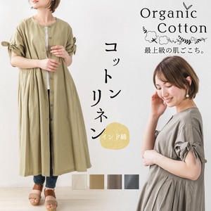 Casual Dress Sleeve Ribbon Long Cotton Linen One-piece Dress Organic Cotton