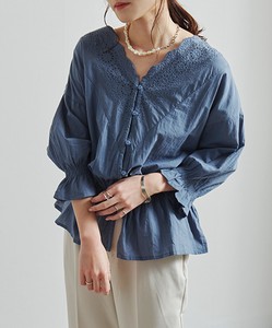 Button Shirt/Blouse Lace Blouse Cambric Cotton Scallop