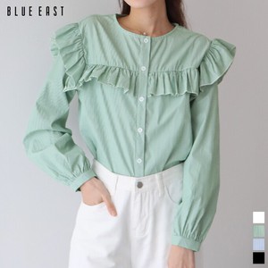 Button Shirt/Blouse Frilled Blouse Plain Color Stripe Puff Sleeve