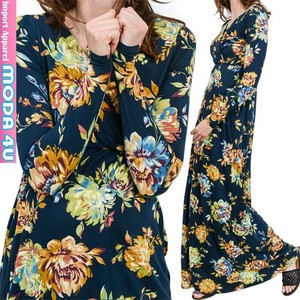 Casual Dress Long Sleeves Floral Pattern V-Neck One-piece Dress M Switching