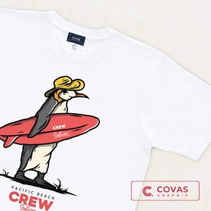ユニセックス・プリントTシャツ　"サーフペンギン×PINK"　ホワイト　半袖 Tシャツ