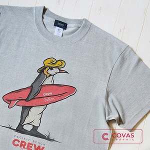 ユニセックス・プリントTシャツ　"サーフペンギン"　杢グレー　半袖 Tシャツ