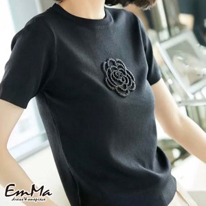 【2023新作】 EF0222 デザインTシャツ 立体フラワー ブラック カジュアル 半袖