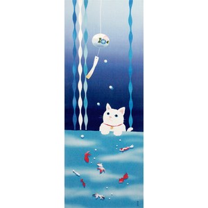 【濱文様】　絵てぬぐい　猫と金魚の夏　(日本製)　　【夏の人気者】