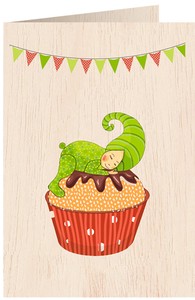 【経年変化商品／本物の証】天然木100％のグリーティングカード☆誕生日☆緑のカップケーキ