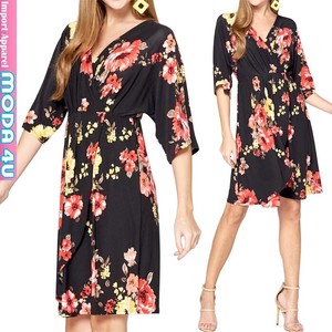 Casual Dress Dolman Sleeve Floral Pattern black V-Neck One-piece Dress M 7/10 length