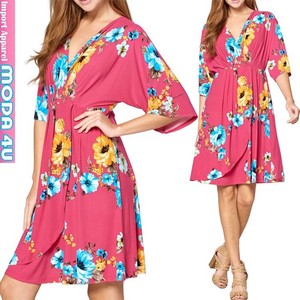 Casual Dress Dolman Sleeve Pink Floral Pattern V-Neck One-piece Dress M 7/10 length