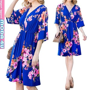 Casual Dress Dolman Sleeve Floral Pattern V-Neck One-piece Dress M 7/10 length
