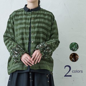 秋冬【モールジャガード袖刺繍カーデ】花 植物 刺繍 ボーダー 北欧