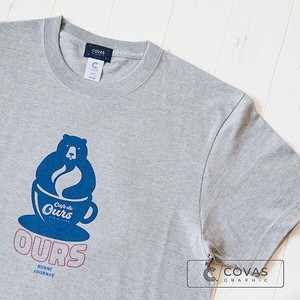 ユニセックス・プリントTシャツ　"熊カフェ"　杢グレー　半袖 Tシャツ