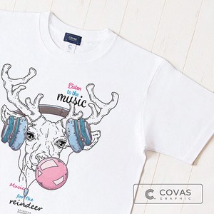 ユニセックス・プリントTシャツ　"トナカイミュージック"　ホワイト　半袖 Tシャツ