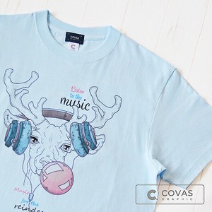 ユニセックス・プリントTシャツ　"トナカイミュージック"　ライトブルー　半袖 Tシャツ