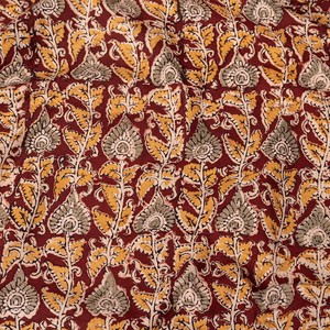 〔1m切り売り〕伝統息づく南インドから　昔ながらの木版染め更紗模様布 - えんじ系〔横幅:約116cm〕